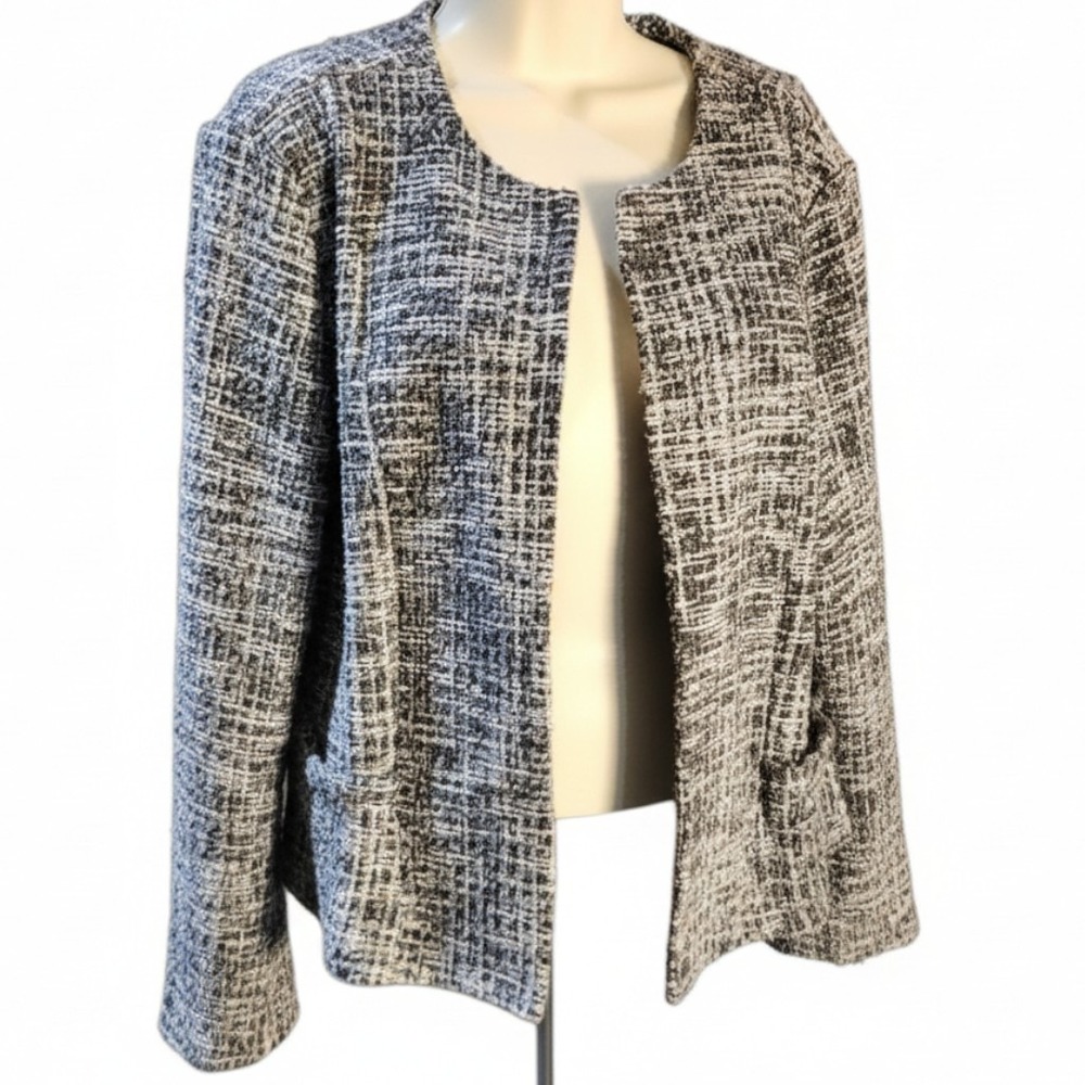 LOFT Tweed Blazer Jacket Women L Large Multicolor Fringe Trim Cotton Blend